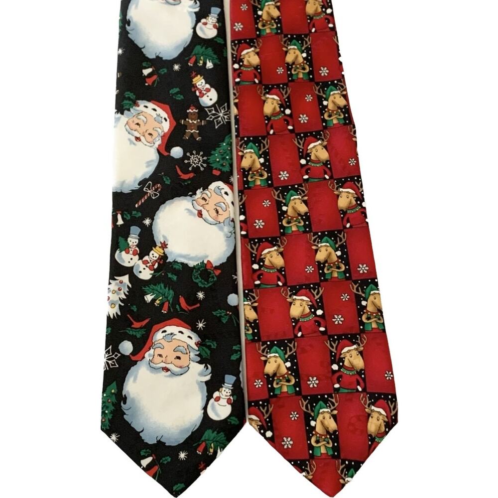 2 HALLMARK CHRISTMAS Neck Ties Santa Reindeer Festive Happy Holidays Parties